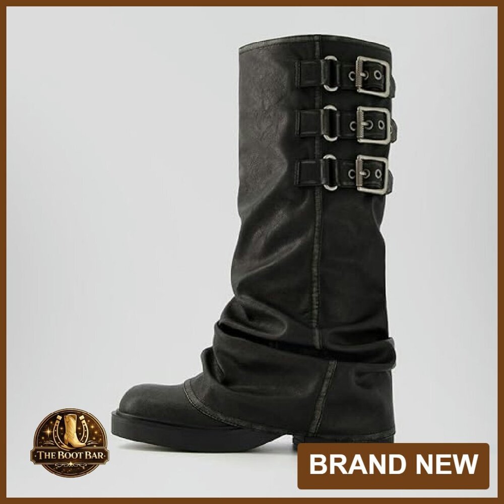 Women's Knee High Boots Slouchy Pull On Chunky Heel Platform Casual - Picture 4 of 7